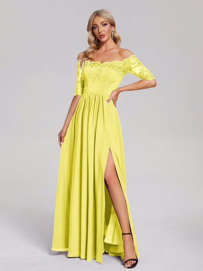 Keira Off the Shoulder Appliqued Lace Chiffon Bridesmaid Dress