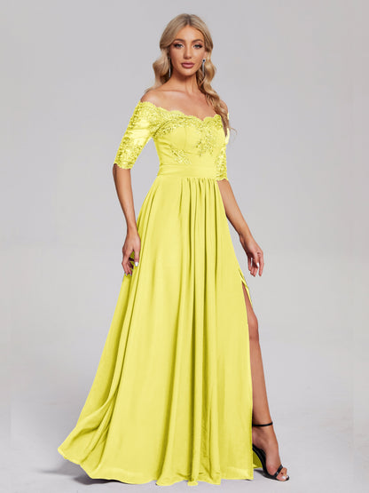 Keira Off the Shoulder Appliqued Lace Chiffon Bridesmaid Dress