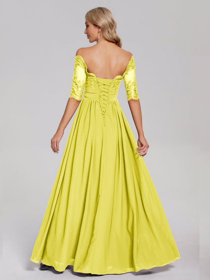 Keira Off the Shoulder Appliqued Lace Chiffon Bridesmaid Dress