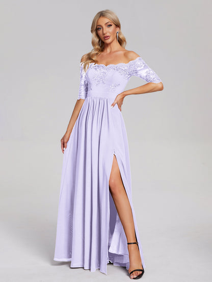 Keira Off the Shoulder Appliqued Lace Chiffon Bridesmaid Dress