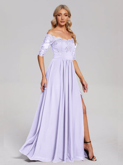 Keira Off the Shoulder Appliqued Lace Chiffon Bridesmaid Dress