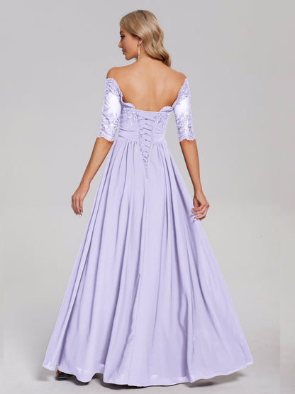 Keira Off the Shoulder Appliqued Lace Chiffon Bridesmaid Dress