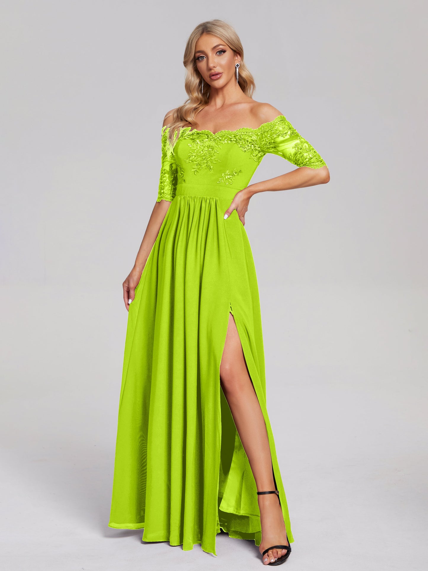 Keira Off the Shoulder Appliqued Lace Chiffon Bridesmaid Dress