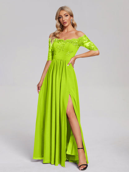 Keira Off the Shoulder Appliqued Lace Chiffon Bridesmaid Dress