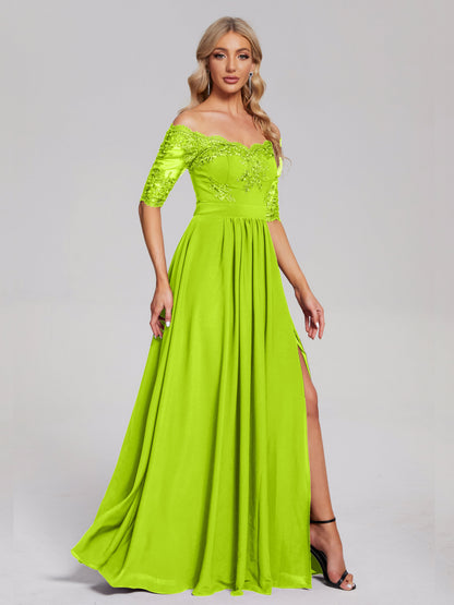 Keira Off the Shoulder Appliqued Lace Chiffon Bridesmaid Dress