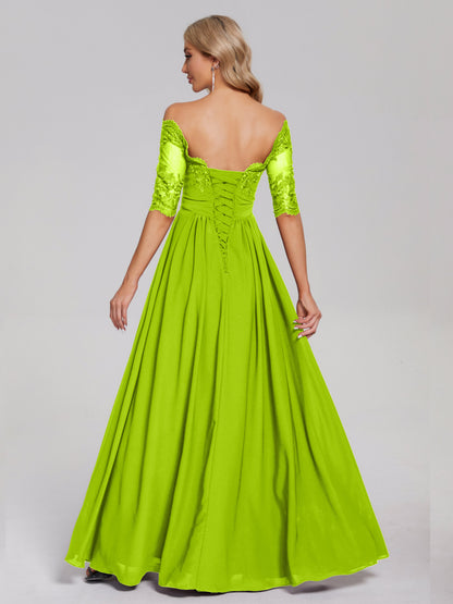 Keira Off the Shoulder Appliqued Lace Chiffon Bridesmaid Dress