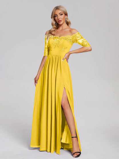 Keira Off the Shoulder Appliqued Lace Chiffon Bridesmaid Dress