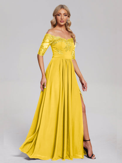 Keira Off the Shoulder Appliqued Lace Chiffon Bridesmaid Dress