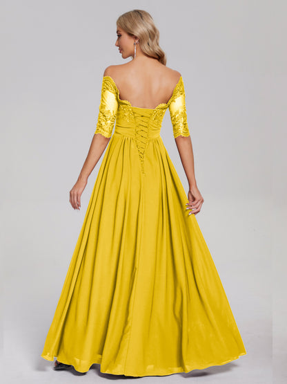 Keira Off the Shoulder Appliqued Lace Chiffon Bridesmaid Dress