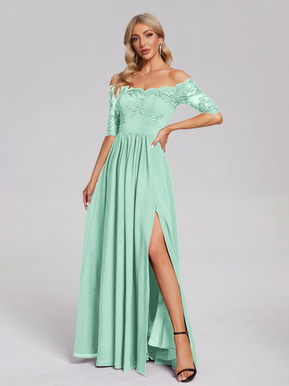 Keira Off the Shoulder Appliqued Lace Chiffon Bridesmaid Dress