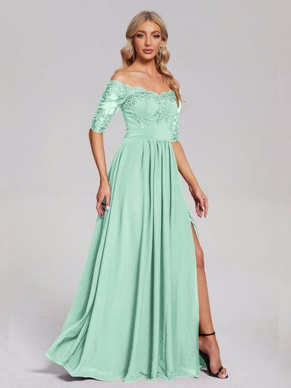 Keira Off the Shoulder Appliqued Lace Chiffon Bridesmaid Dress