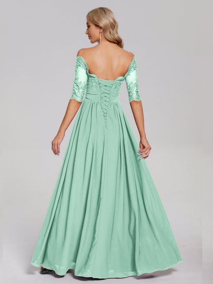 Keira Off the Shoulder Appliqued Lace Chiffon Bridesmaid Dress
