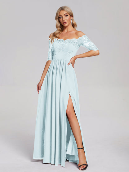 Keira Off the Shoulder Appliqued Lace Chiffon Bridesmaid Dress