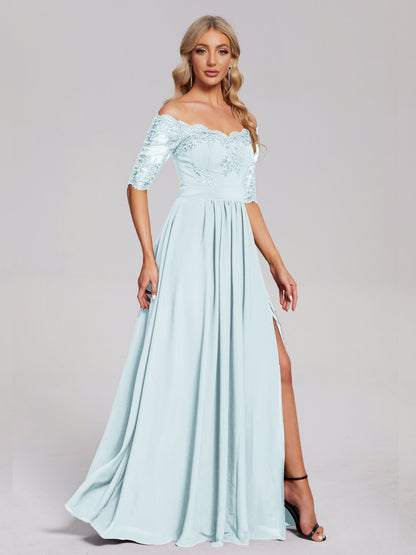 Keira Off the Shoulder Appliqued Lace Chiffon Bridesmaid Dress