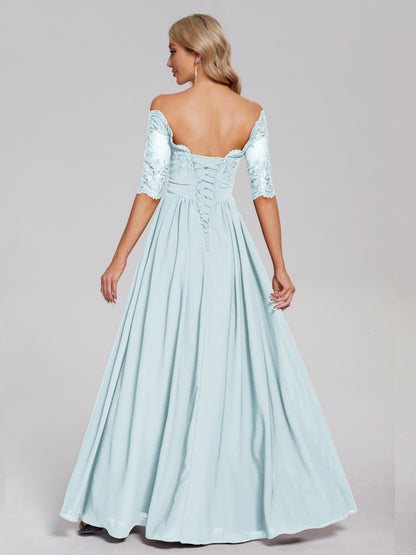 Keira Off the Shoulder Appliqued Lace Chiffon Bridesmaid Dress