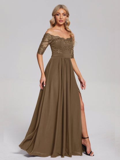 Keira Off the Shoulder Appliqued Lace Chiffon Bridesmaid Dress