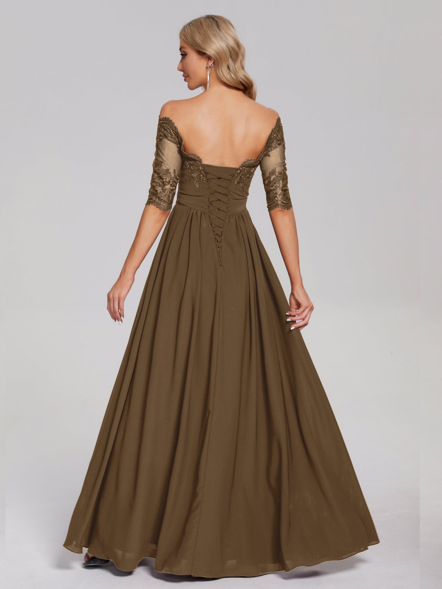 Keira Off the Shoulder Appliqued Lace Chiffon Bridesmaid Dress