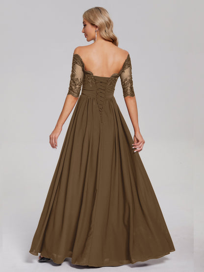 Keira Off the Shoulder Appliqued Lace Chiffon Bridesmaid Dress