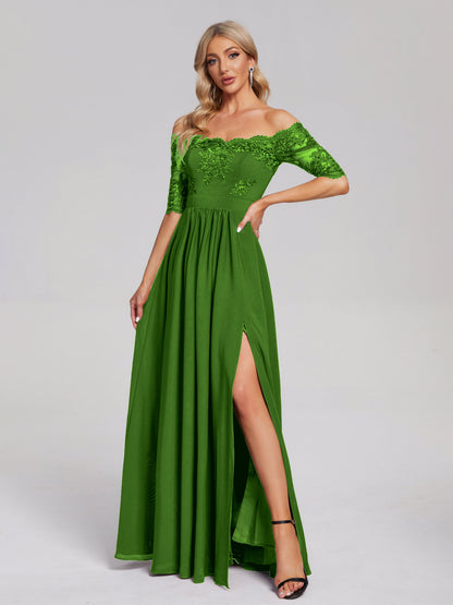Keira Off the Shoulder Appliqued Lace Chiffon Bridesmaid Dress