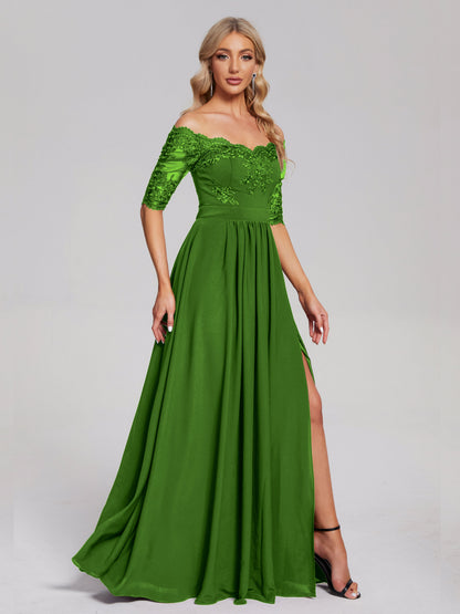 Keira Off the Shoulder Appliqued Lace Chiffon Bridesmaid Dress