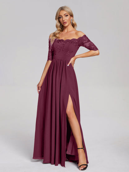 Keira Off the Shoulder Appliqued Lace Chiffon Bridesmaid Dress