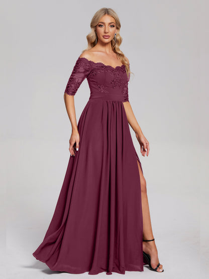 Keira Off the Shoulder Appliqued Lace Chiffon Bridesmaid Dress