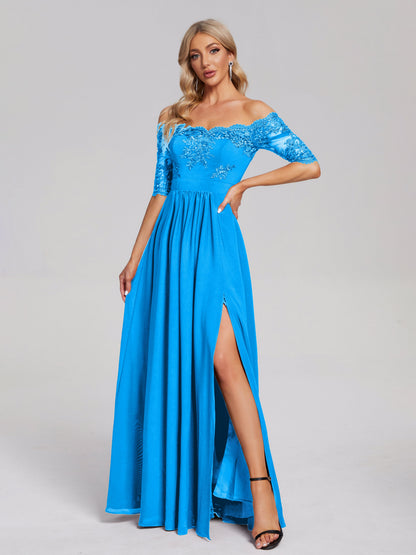 Keira Off the Shoulder Appliqued Lace Chiffon Bridesmaid Dress