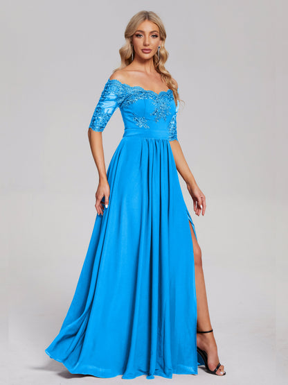 Keira Off the Shoulder Appliqued Lace Chiffon Bridesmaid Dress