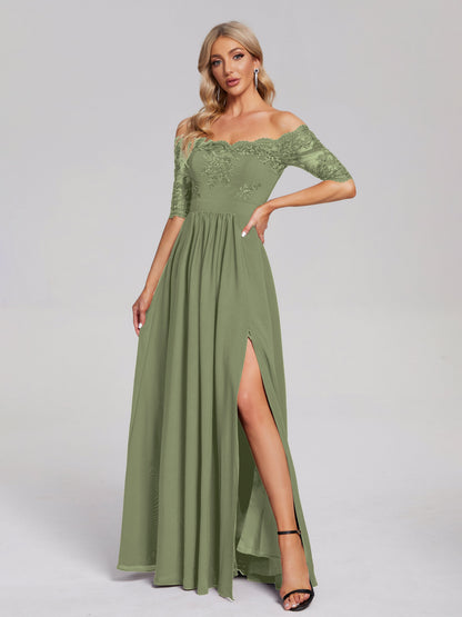 Keira Off the Shoulder Appliqued Lace Chiffon Bridesmaid Dress