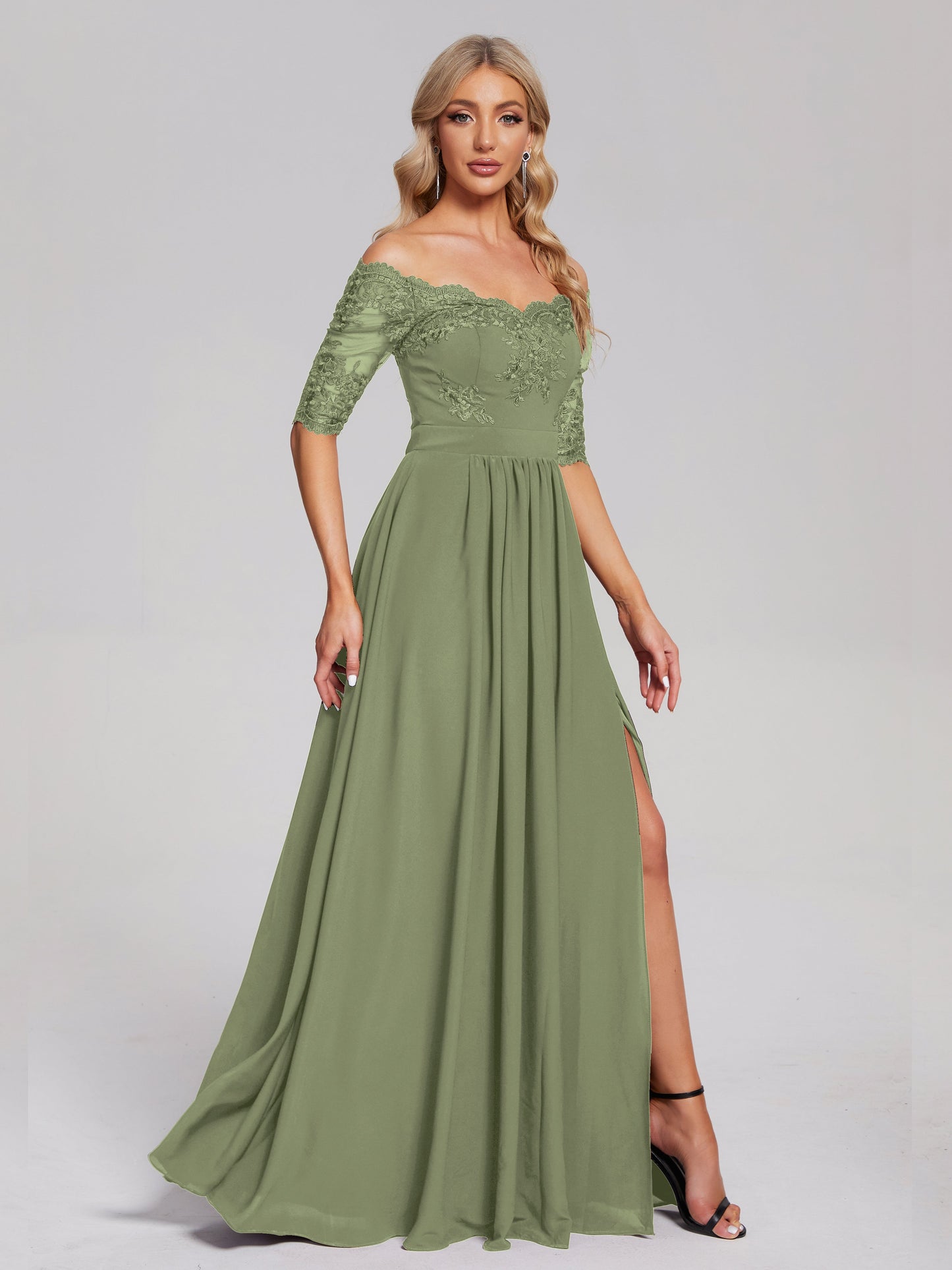 Keira Off the Shoulder Appliqued Lace Chiffon Bridesmaid Dress