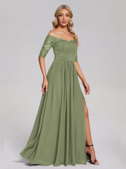 Keira Off the Shoulder Appliqued Lace Chiffon Bridesmaid Dress