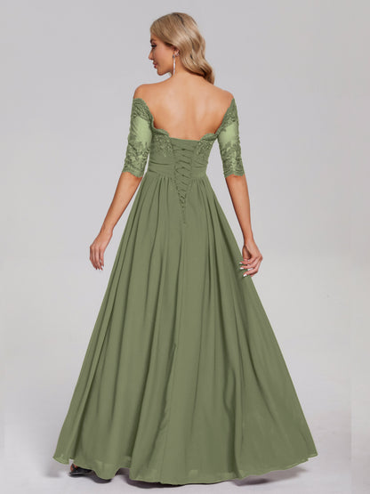 Keira Off the Shoulder Appliqued Lace Chiffon Bridesmaid Dress