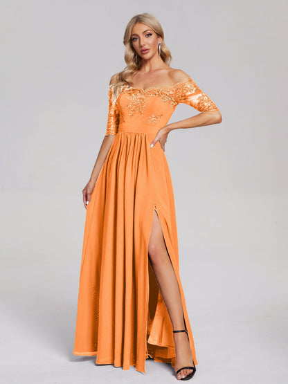 Keira Off the Shoulder Appliqued Lace Chiffon Bridesmaid Dress