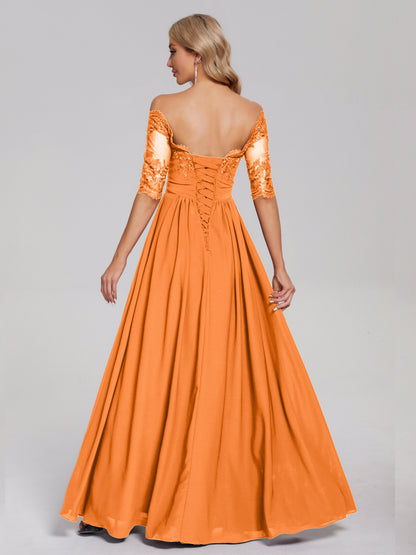 Keira Off the Shoulder Appliqued Lace Chiffon Bridesmaid Dress