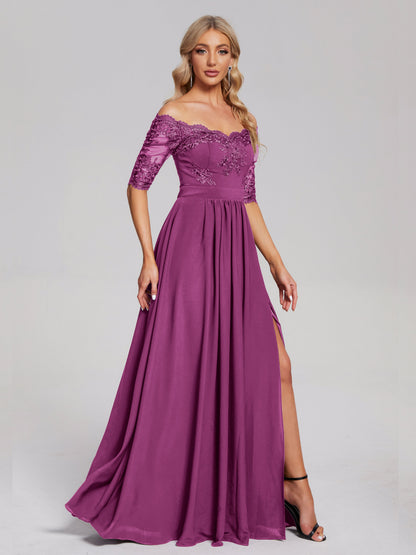Keira Off the Shoulder Appliqued Lace Chiffon Bridesmaid Dress
