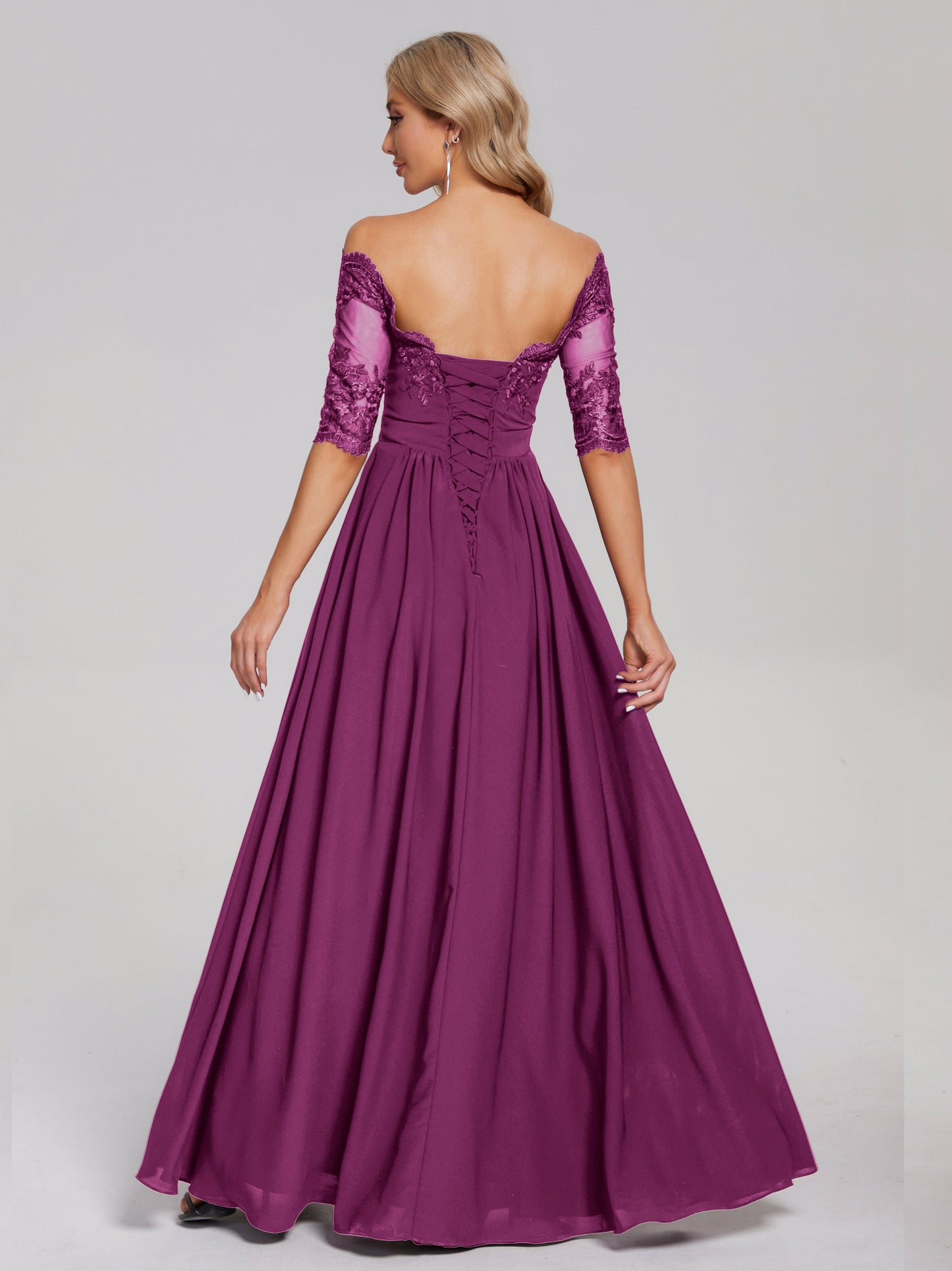 Keira Off the Shoulder Appliqued Lace Chiffon Bridesmaid Dress