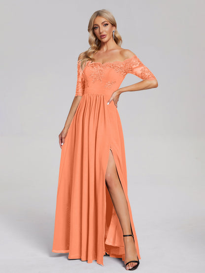 Keira Off the Shoulder Appliqued Lace Chiffon Bridesmaid Dress