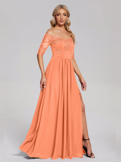 Keira Off the Shoulder Appliqued Lace Chiffon Bridesmaid Dress