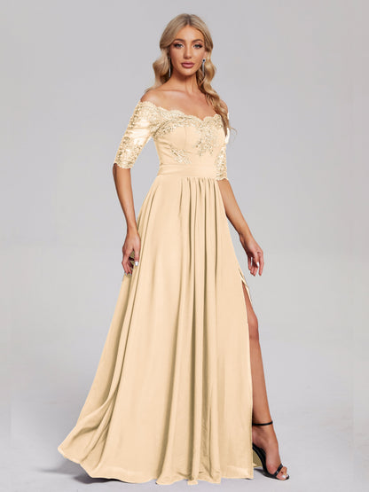 Keira Off the Shoulder Appliqued Lace Chiffon Bridesmaid Dress