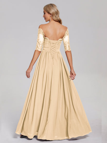 Keira Off the Shoulder Appliqued Lace Chiffon Bridesmaid Dress