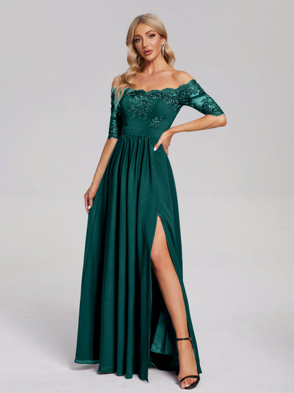 Keira Off the Shoulder Appliqued Lace Chiffon Bridesmaid Dress
