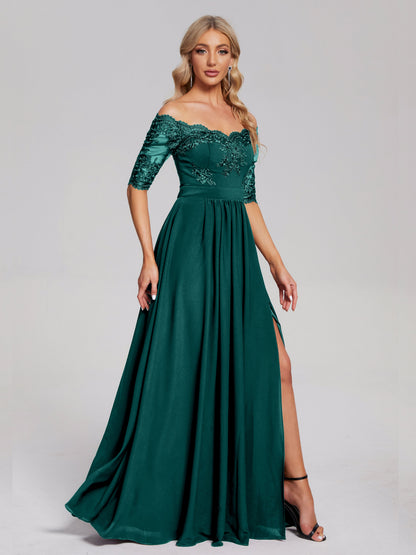 Keira Off the Shoulder Appliqued Lace Chiffon Bridesmaid Dress