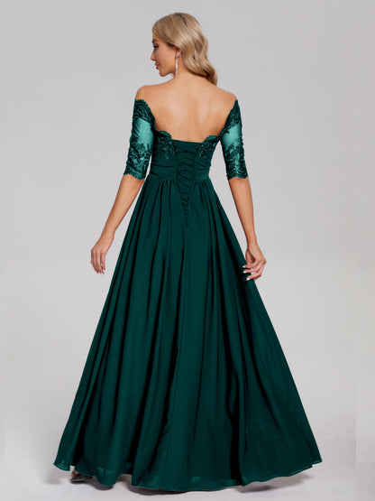 Keira Off the Shoulder Appliqued Lace Chiffon Bridesmaid Dress