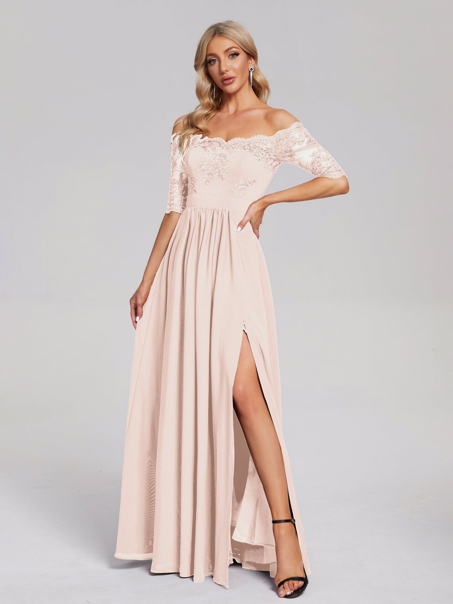Keira Off the Shoulder Appliqued Lace Chiffon Bridesmaid Dress