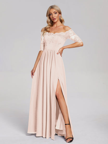 Keira Off the Shoulder Appliqued Lace Chiffon Bridesmaid Dress