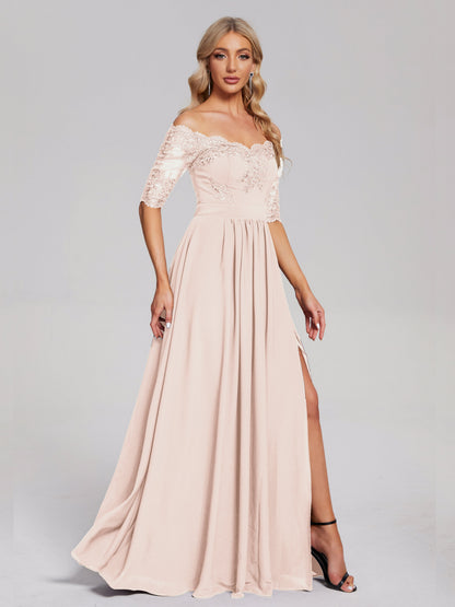 Keira Off the Shoulder Appliqued Lace Chiffon Bridesmaid Dress