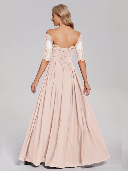 Keira Off the Shoulder Appliqued Lace Chiffon Bridesmaid Dress