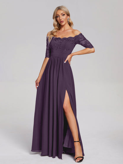 Keira Off the Shoulder Appliqued Lace Chiffon Bridesmaid Dress
