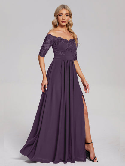 Keira Off the Shoulder Appliqued Lace Chiffon Bridesmaid Dress