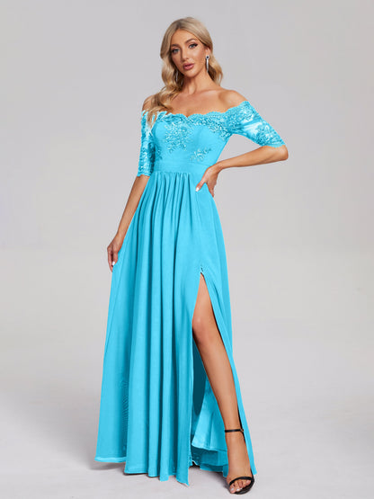 Keira Off the Shoulder Appliqued Lace Chiffon Bridesmaid Dress